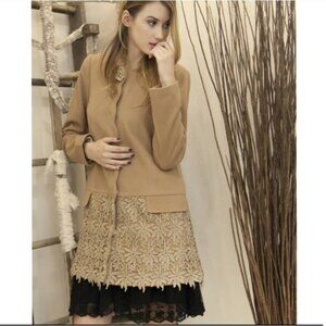 A'reve handmade flower lace trim long peacoat taupe
